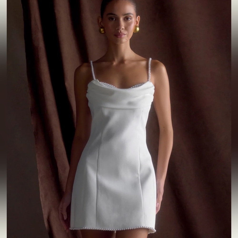 MESHSKI White Dress with Pearl Straps and Bra